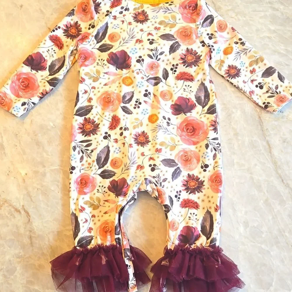 MARIE NICOLE Floral Long Sleeve Baby Romper with Ruffle Details